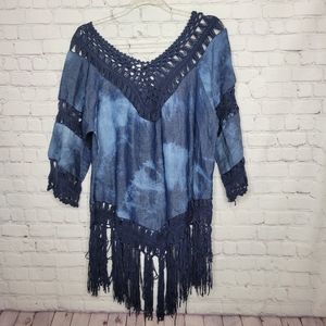 Vivid Importers Boho Tunic Blue Tie-Dye Crochet Top Dress Size L